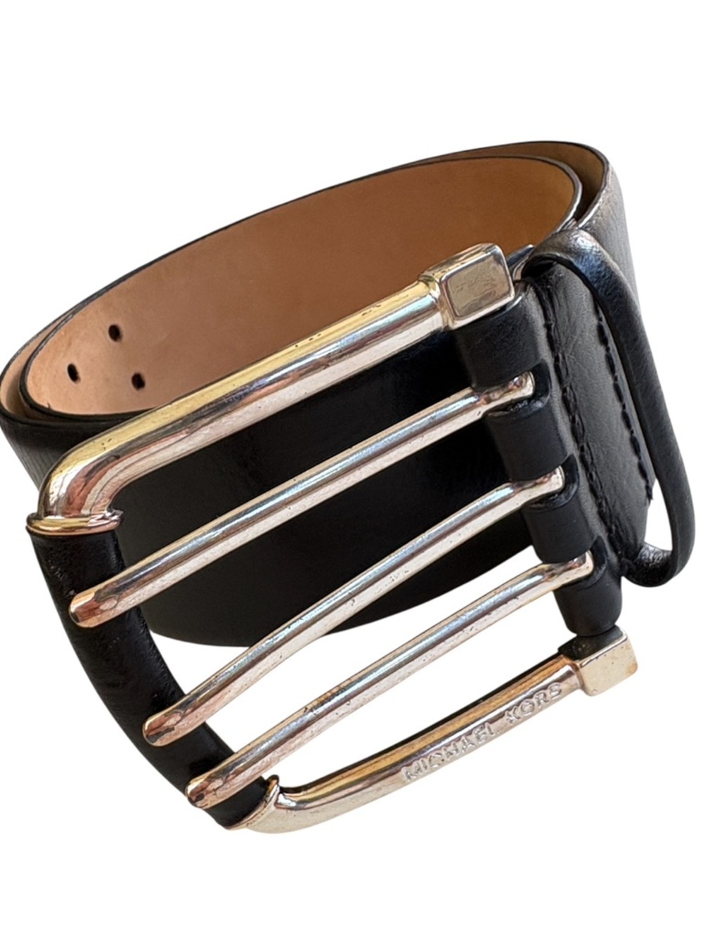 EUC Michael Kors Leather Belt Black Silver Buckle Size Small